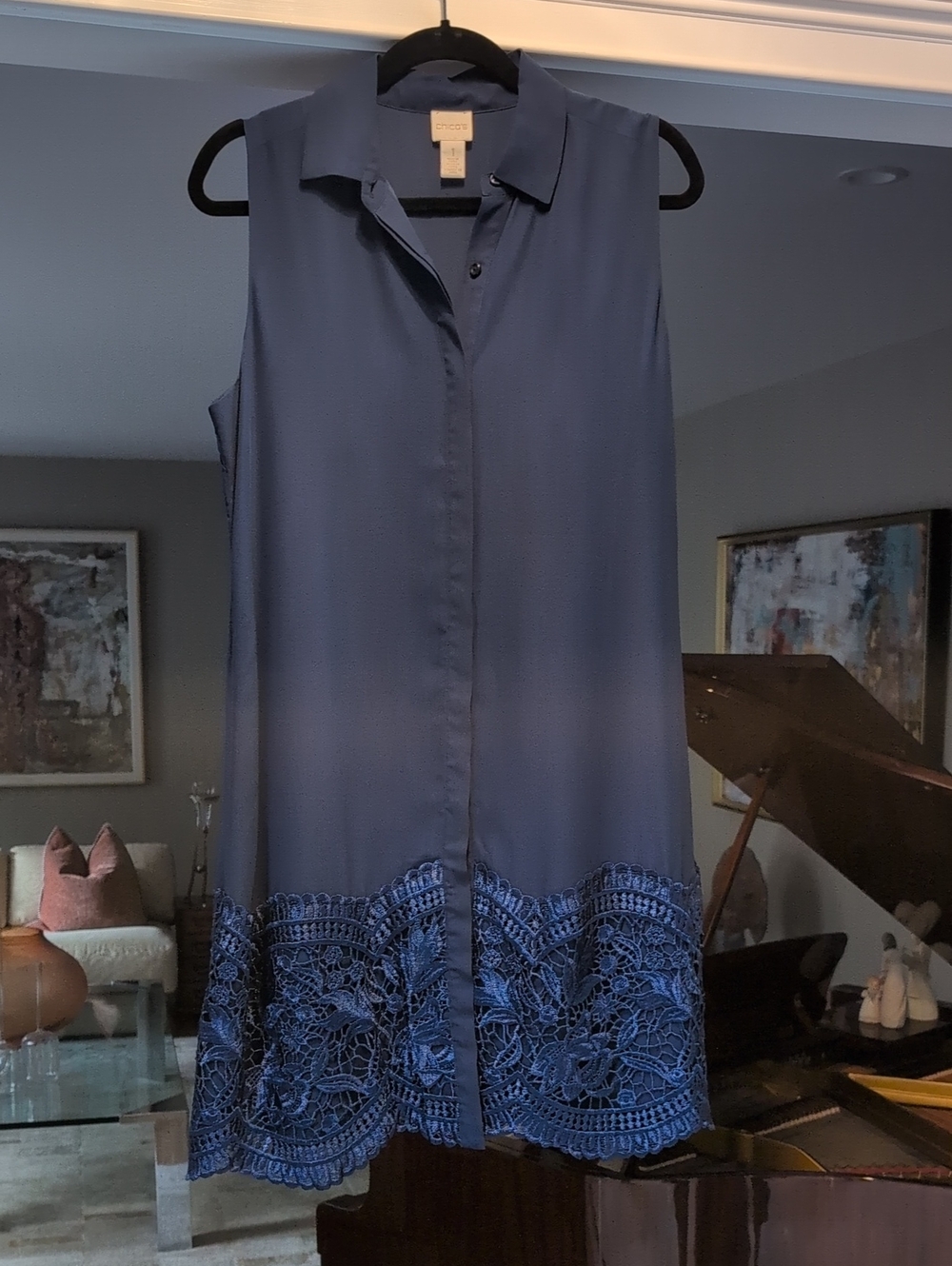 Chico's Sleeveless Navy Crochet-Hem Button Front Tunic Dress Size 1. EUC